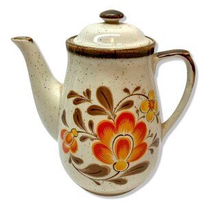 Vintage Brown Speckled Lidded Teapot Orange Floral